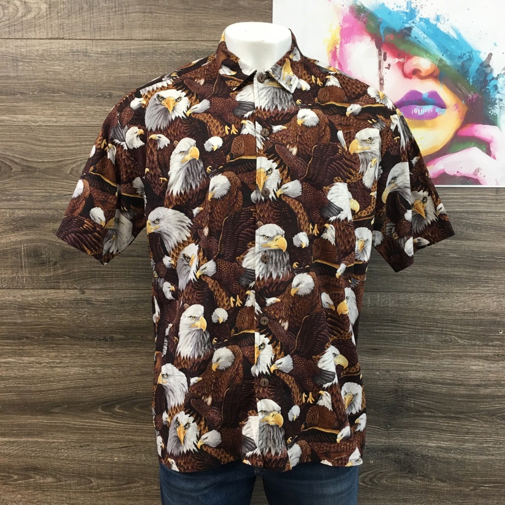 VINTAGE Yo Wear USA Mens XL Bald Eagle All Over Cotton Button Down Shirt‎ Brown